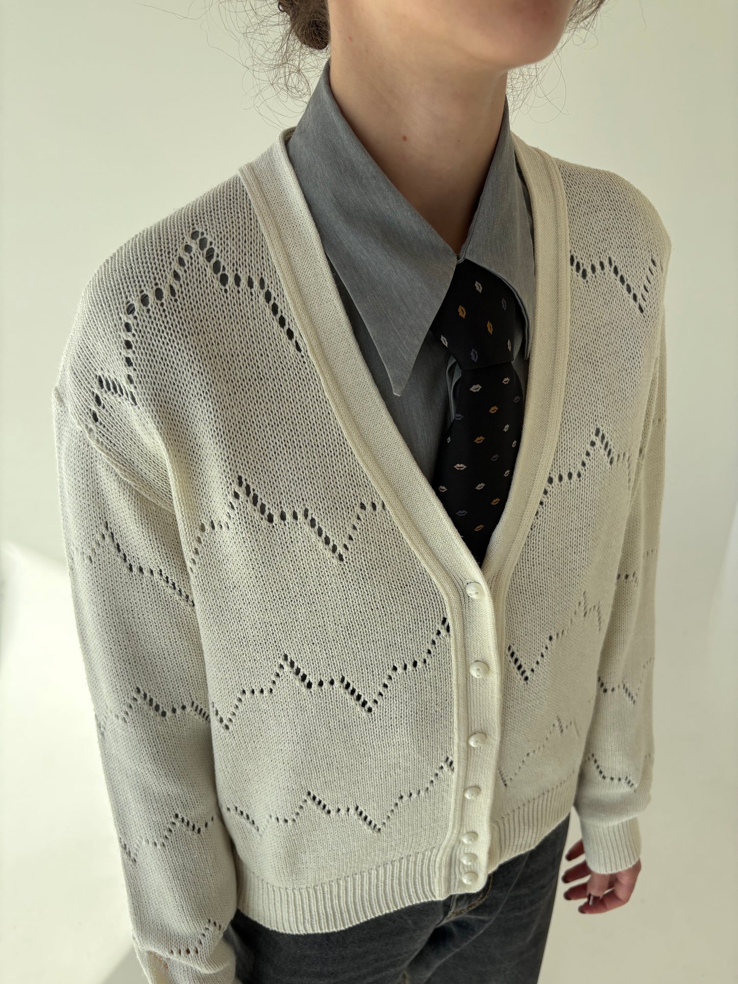 Cardigan vintage butter white din mix de lana extrafina