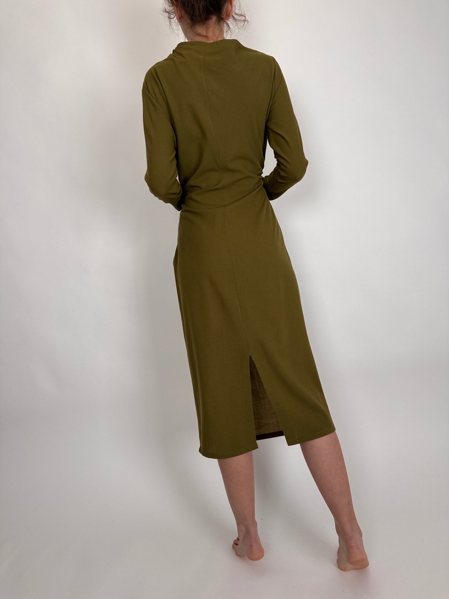 Rochie kaki din lanita extrafina strech cu fronseu