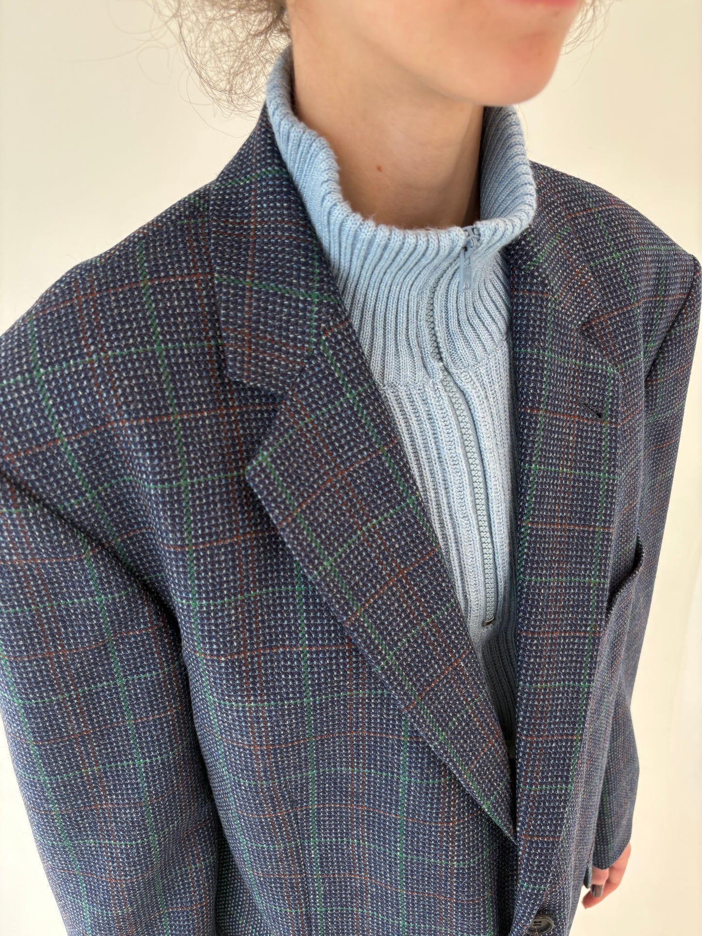 Sacou din stofă de lana ultra luxury Scabal groasă jeans blue în carouri