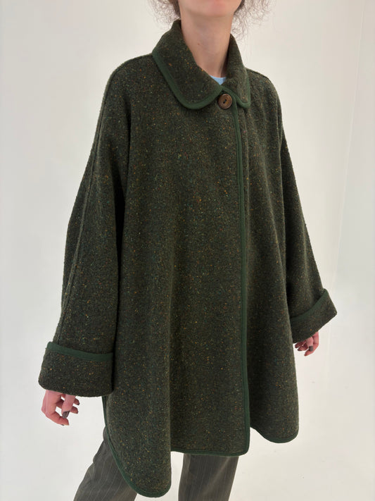 Palton vintage tip capa forest green din tweed Donegal 80% lana cu inserții colorate