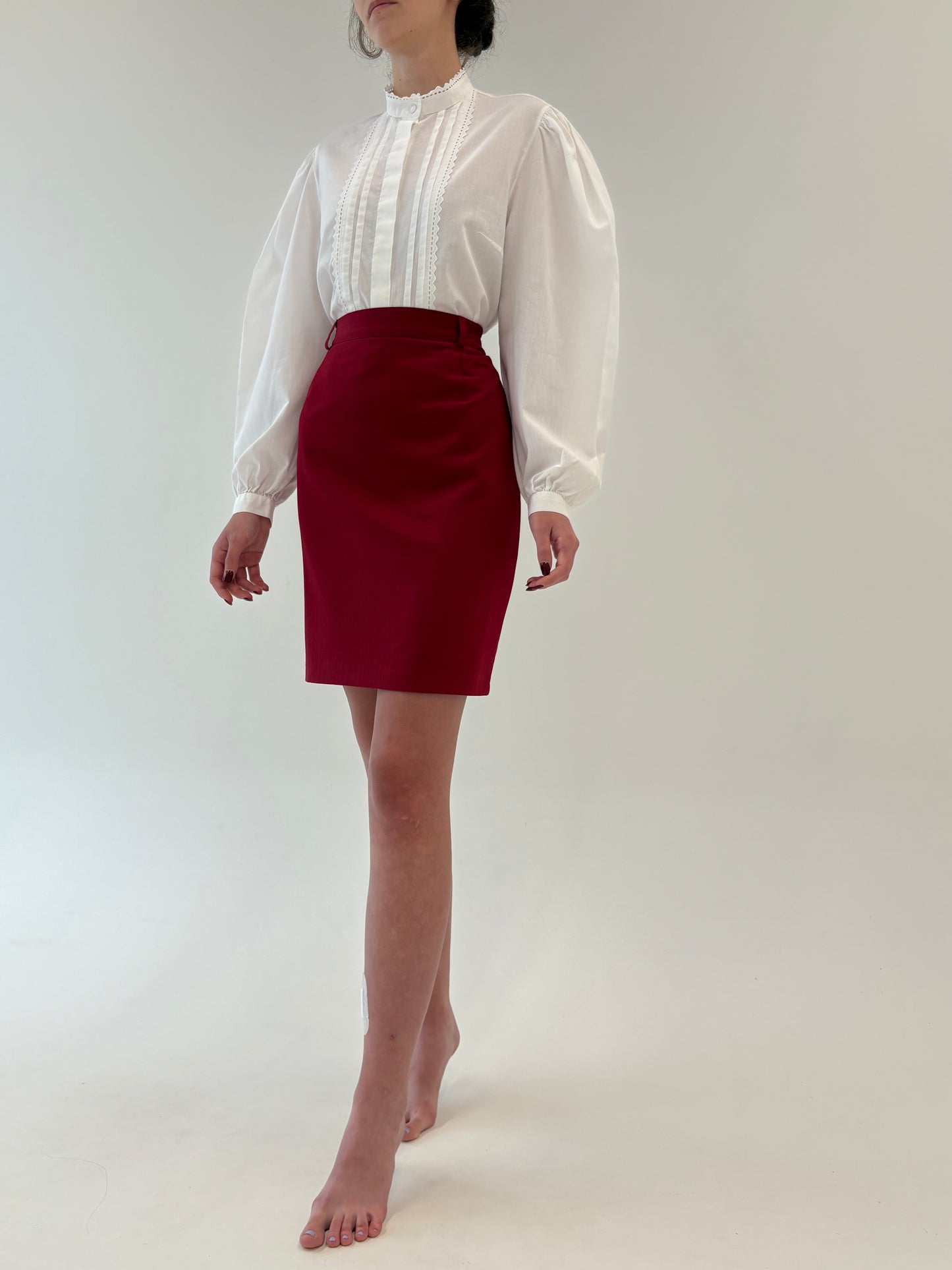 Fustă oxblood din stofita cu talie ultra înaltă elastică marcată