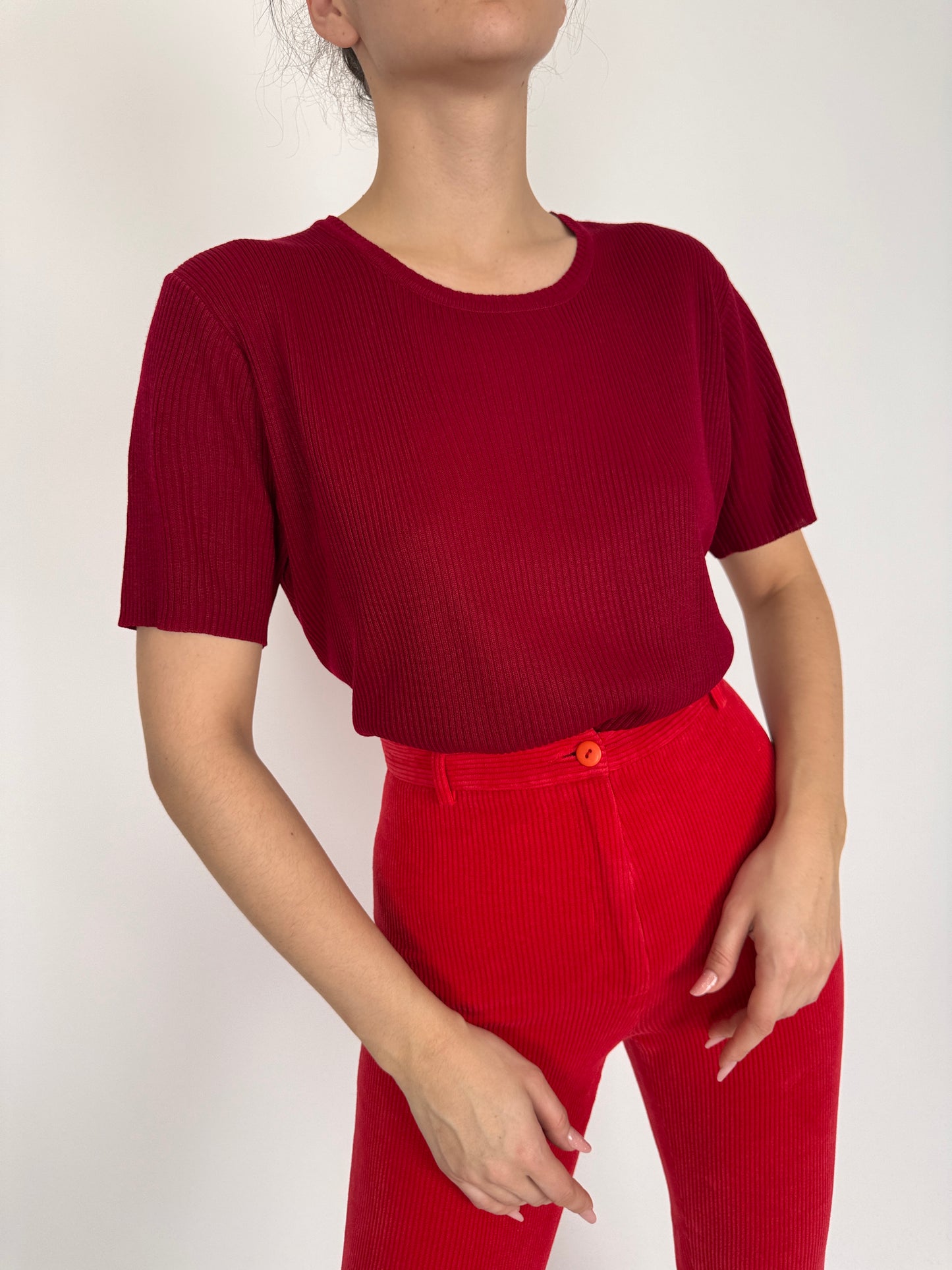 Top dark cherry red ribbed din lana extrafina și bumbac