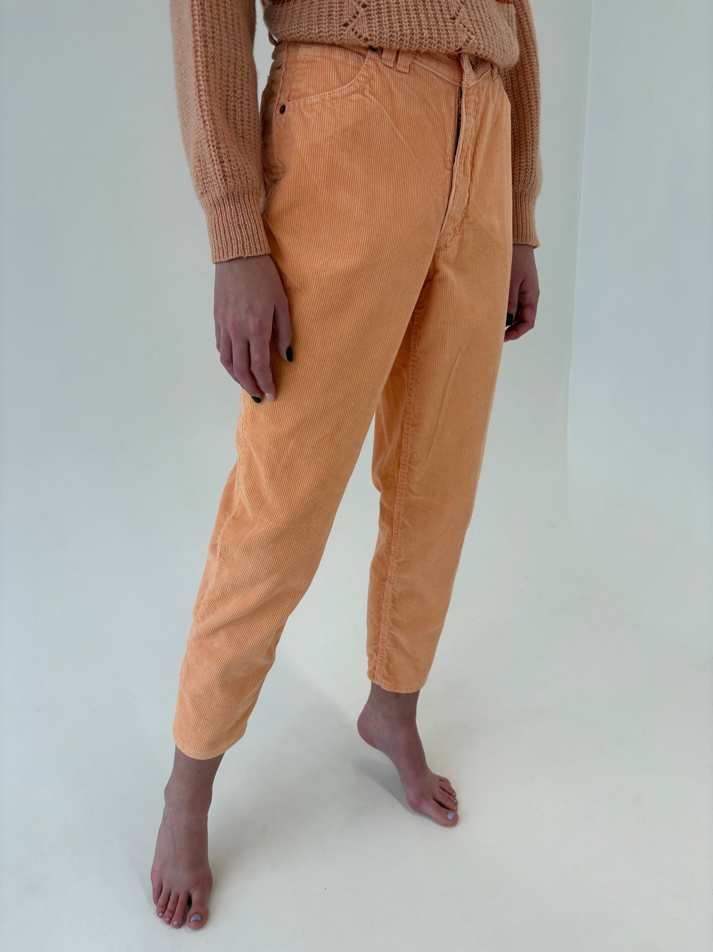Pantaloni vintage din corduroy cu talie ultra înaltă marcată salmon orange