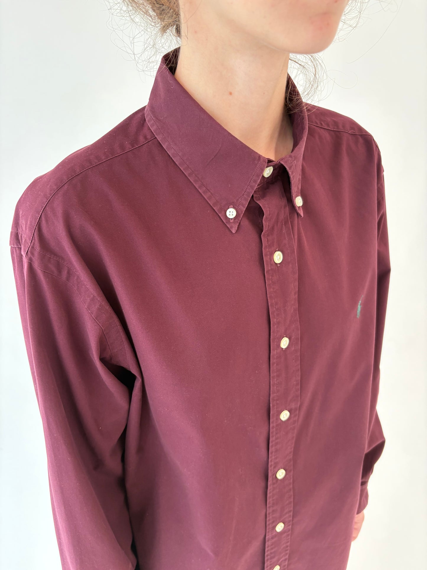 Cămașa Ralph Lauren burgundy în croi oversized din bumbac gros