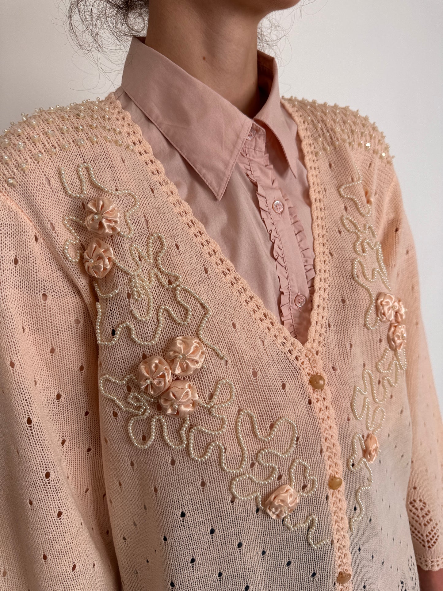 Top vintage bijuterie powder pink din jerse 100% mătase naturală