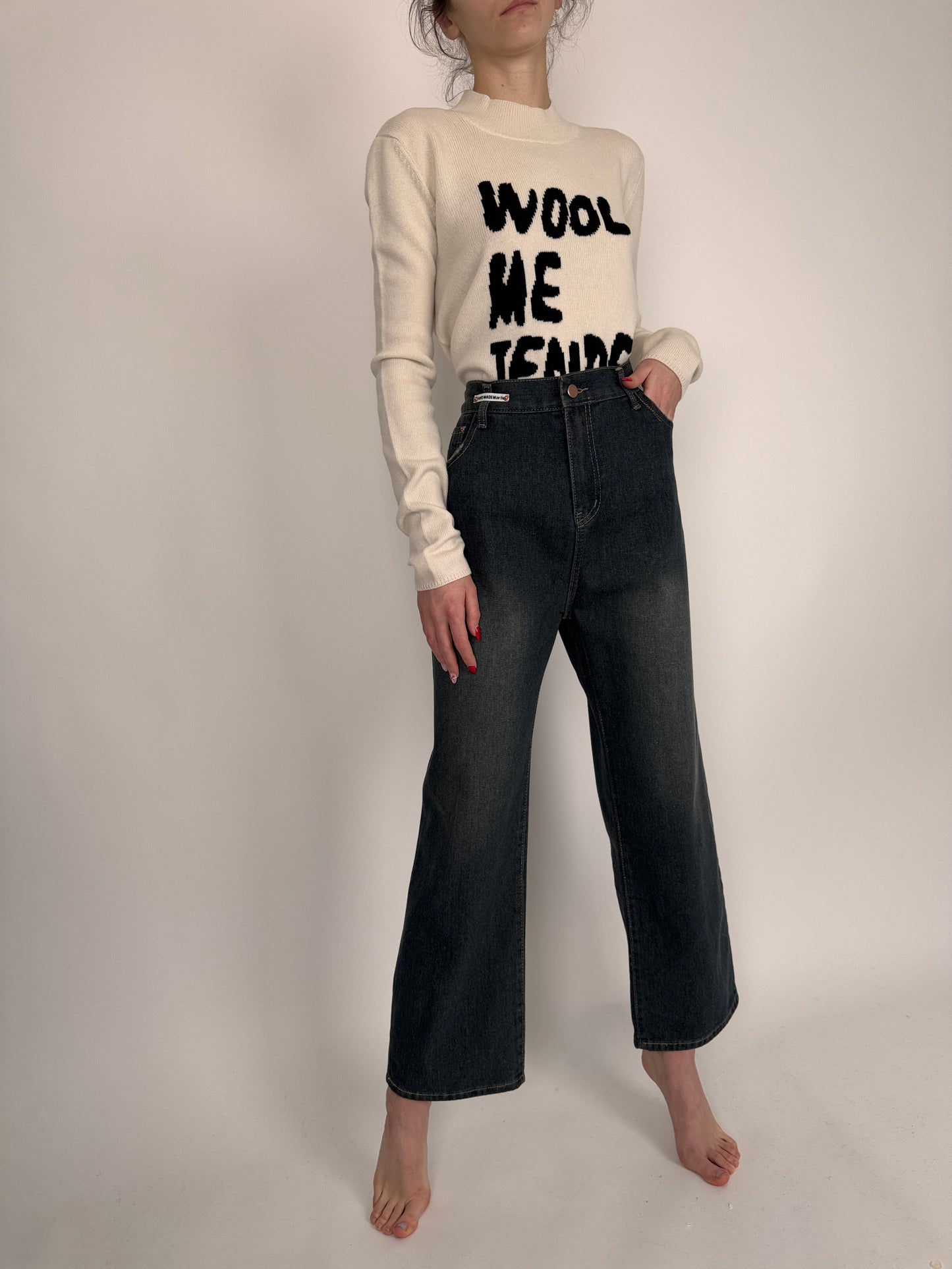 Jeanși Luxury hand made whide leg cu talie ultra înaltă elastică