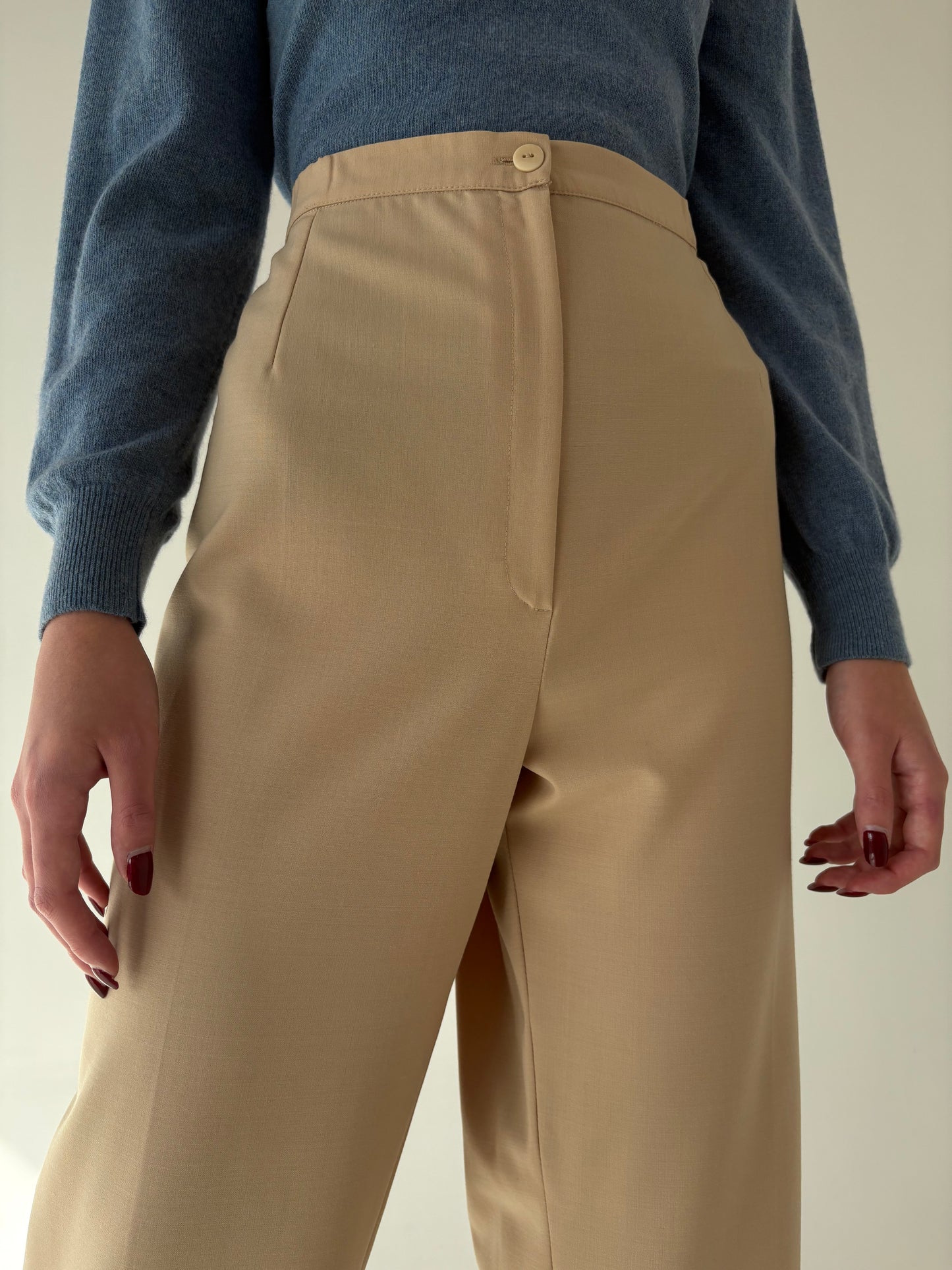 Pantaloni camel din stofita de lana extrafina elastică cu talie ultra înaltă