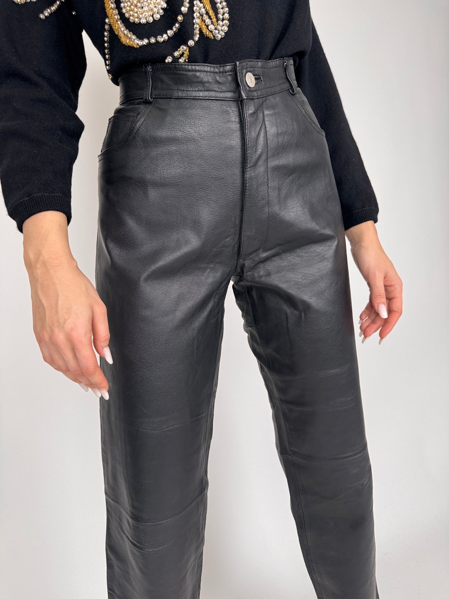 Pantaloni din piele naturală moale cu talie înaltă