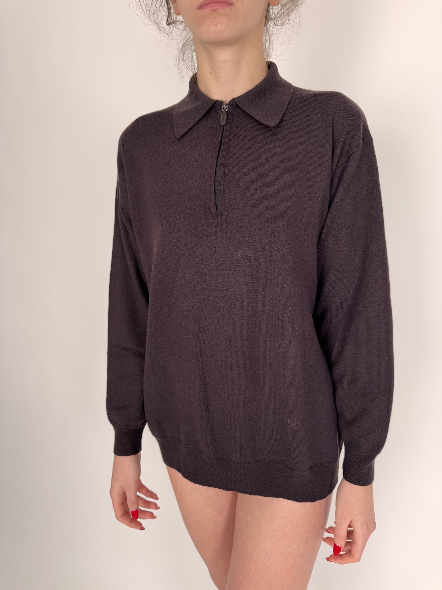 Pulover vintage polo luxury Versace raisin brown din lana merino extrafina