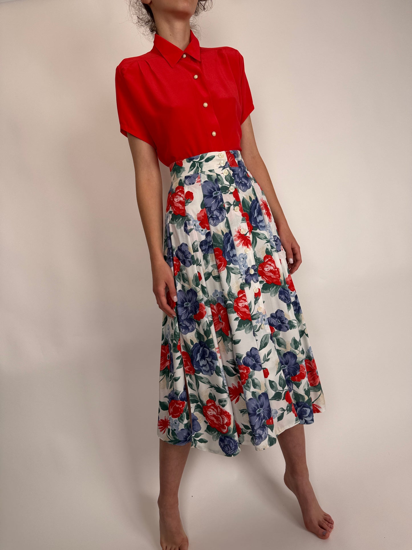 Fustă vintage cu talie ultra înaltă marcată și print floral superb