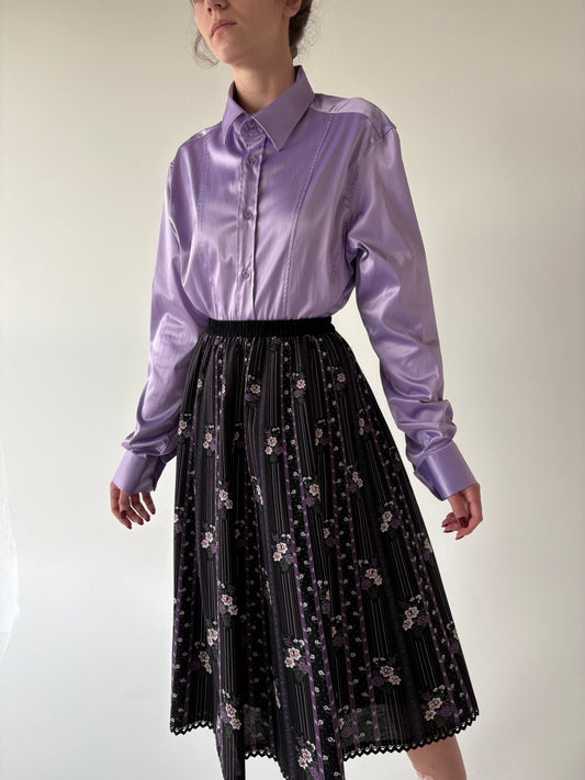 Fustă vintage în croi de ani 50 din bumbac gros texturat cu print lavandă delicat