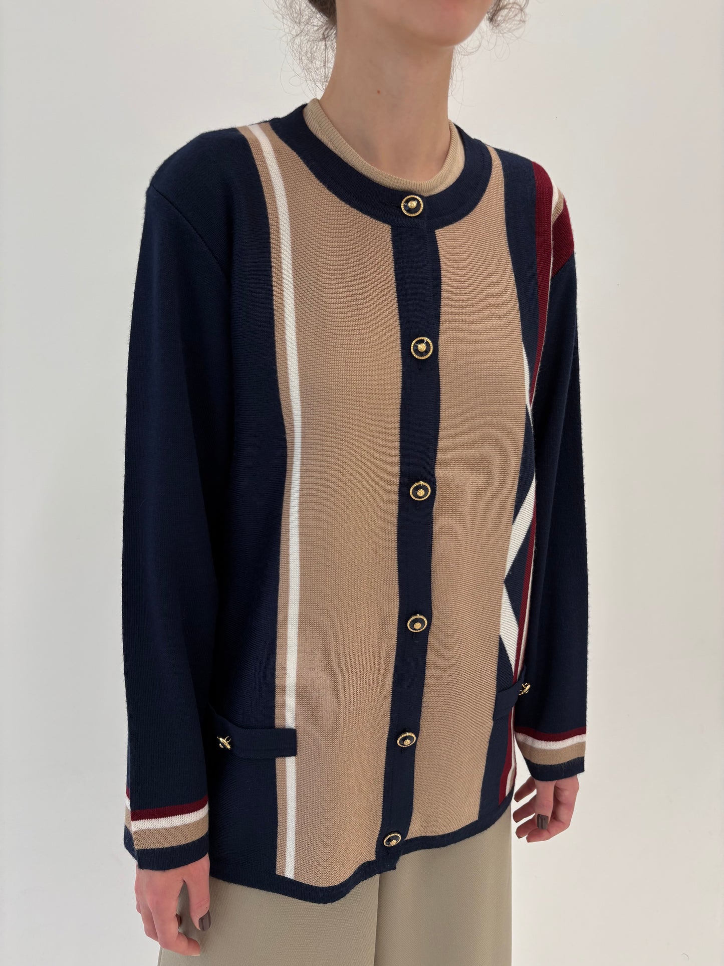 Cardigan excepțional italian din lână merino extrafina de gramaj mare colorblock