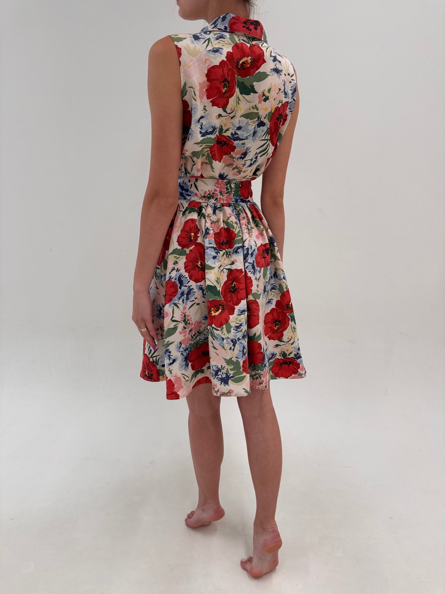 Rochie vintage din mătase naturală cu talie ultra înaltă reglabilă și print floral superb