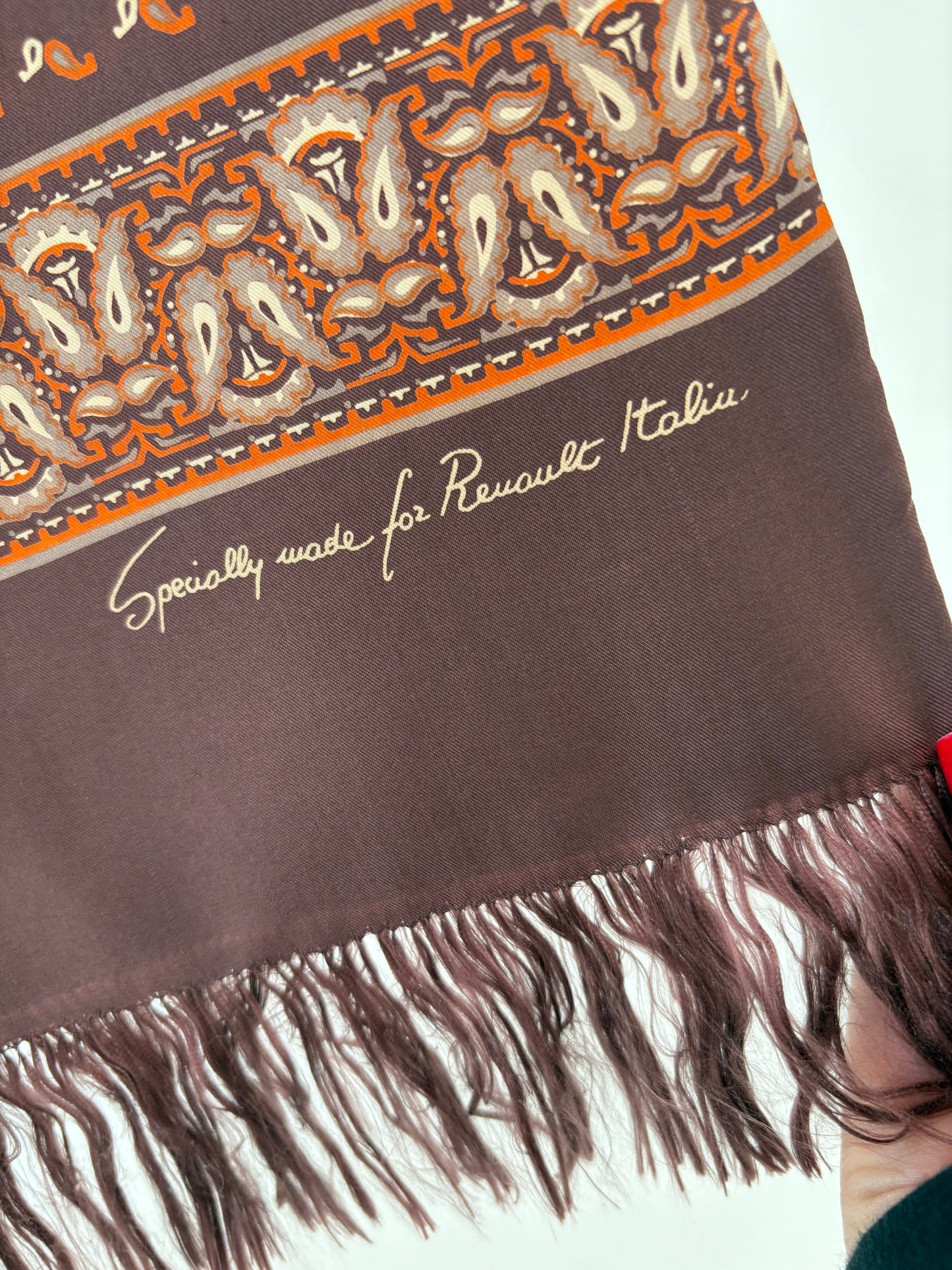 Esarfa vintage chocolate brown cu print paisley oranj din mătase naturală
