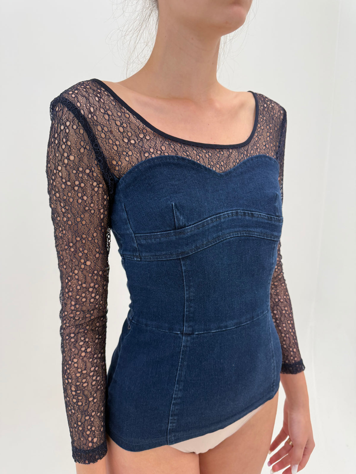 Corsaj de brand super premium din jeans modelator de vară și mesh cu broderie anglaise