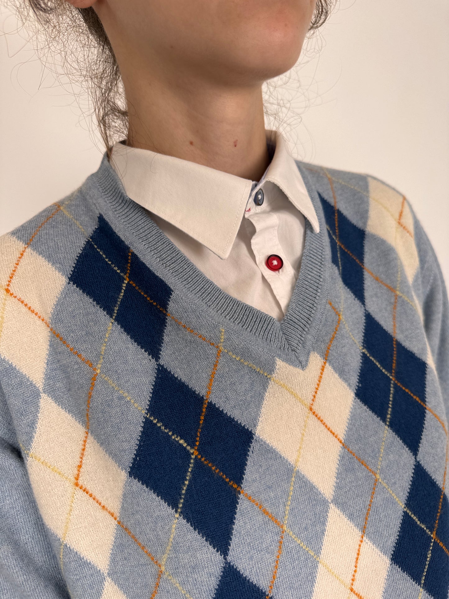 Pulover subțire baby blue în carouri din lana merino extrafina