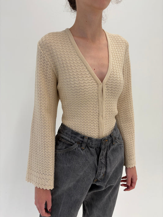 Cardigan vintage nude cu mâneci evazate din lana extrafina de gramaj mare