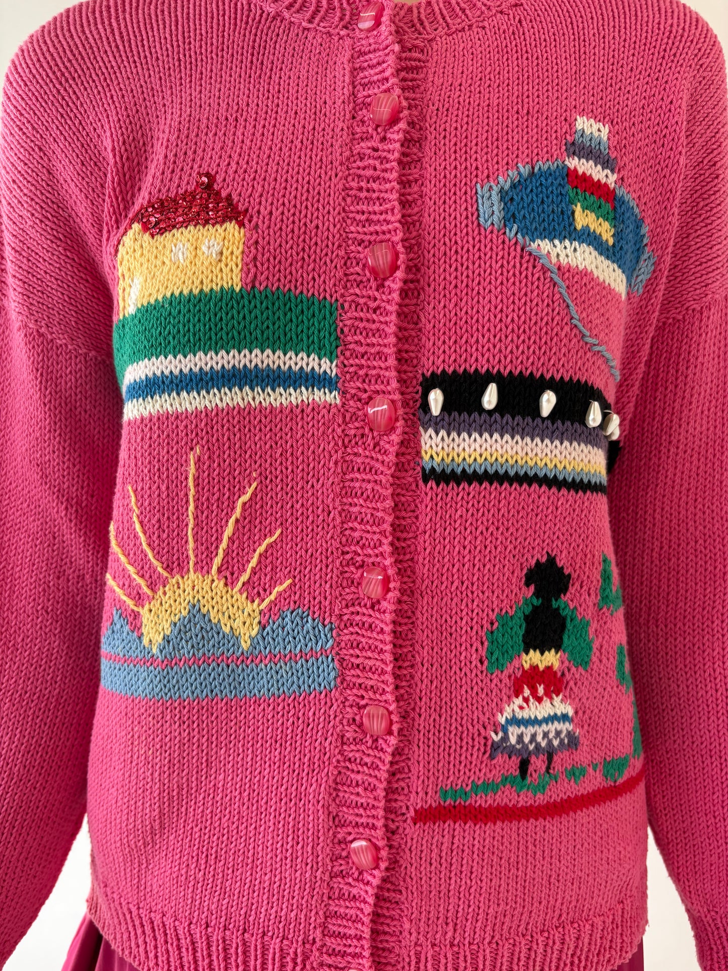 Cardigan vintage Barbie pink lucrat manual din bumbac de gramaj mare