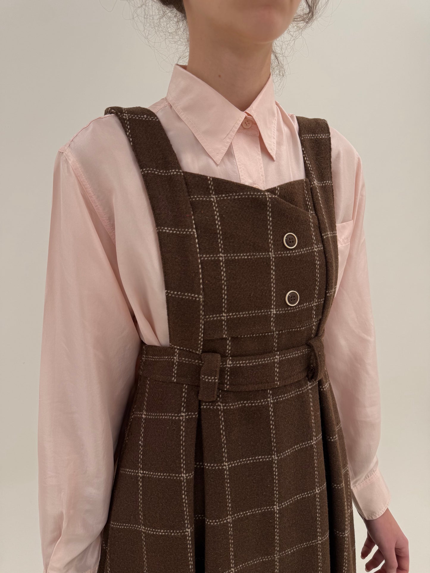 Rochie vintage din lana groasă extrafina în carouri powder Pink