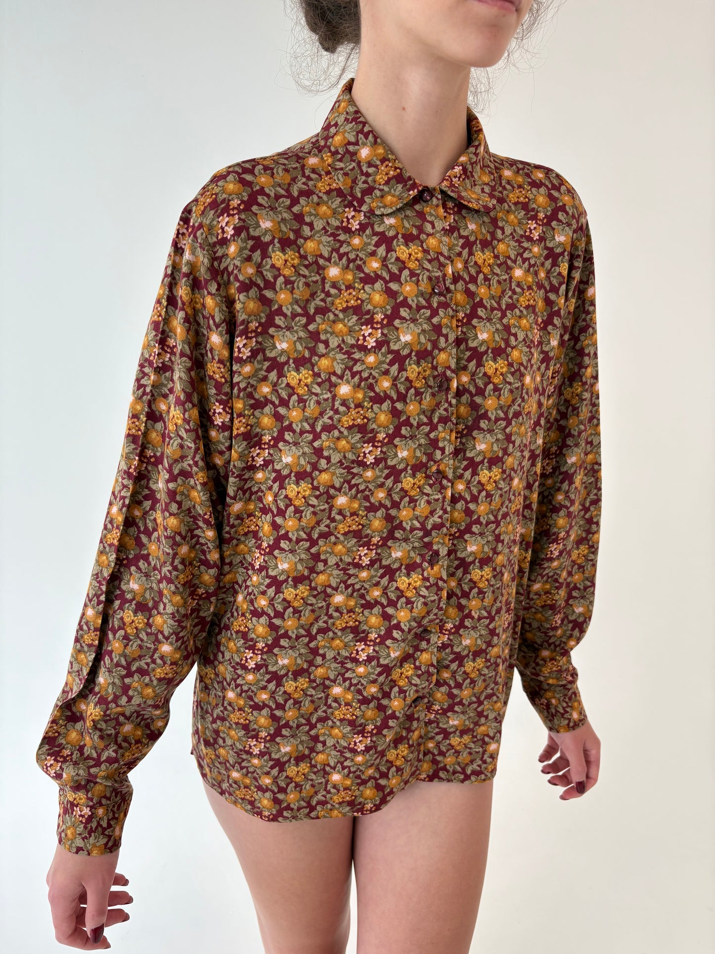Cămașa vintage burgundy cu print delicat din poplin plin de toamnă