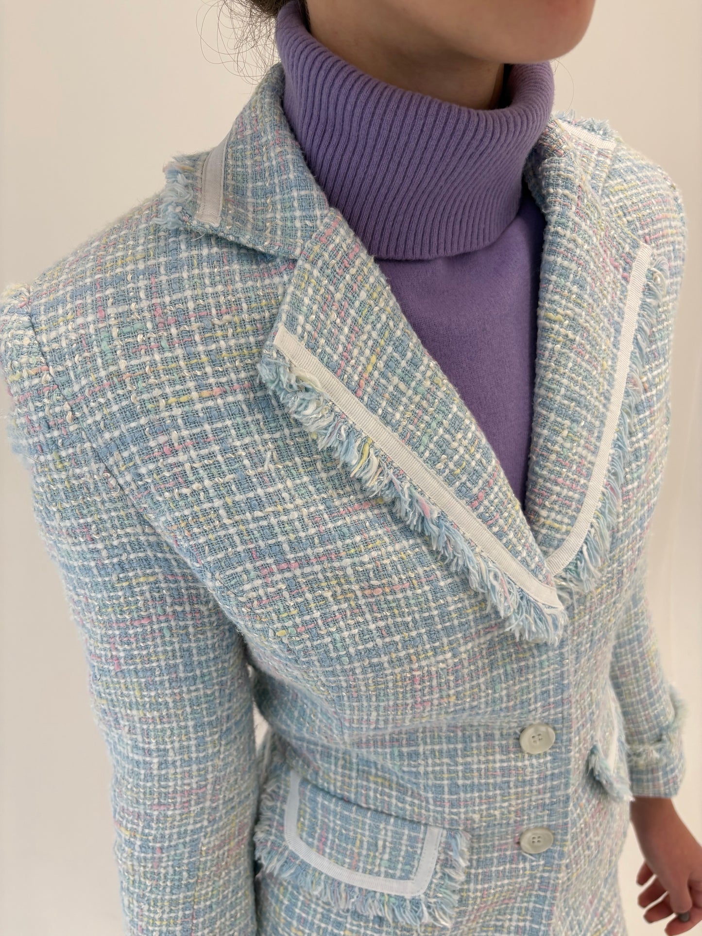 Deux piece baby blue în stil Chanel din tweed