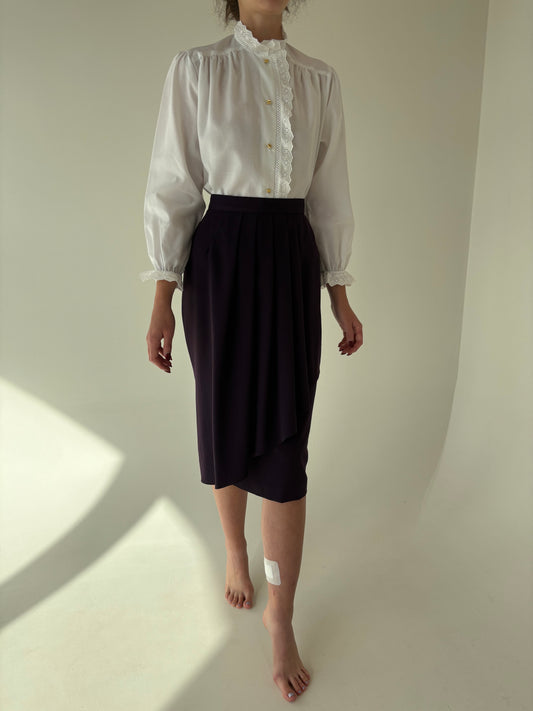 Fustă din stofita de lana în croi elaborat petrecut cu talie ultra înaltă