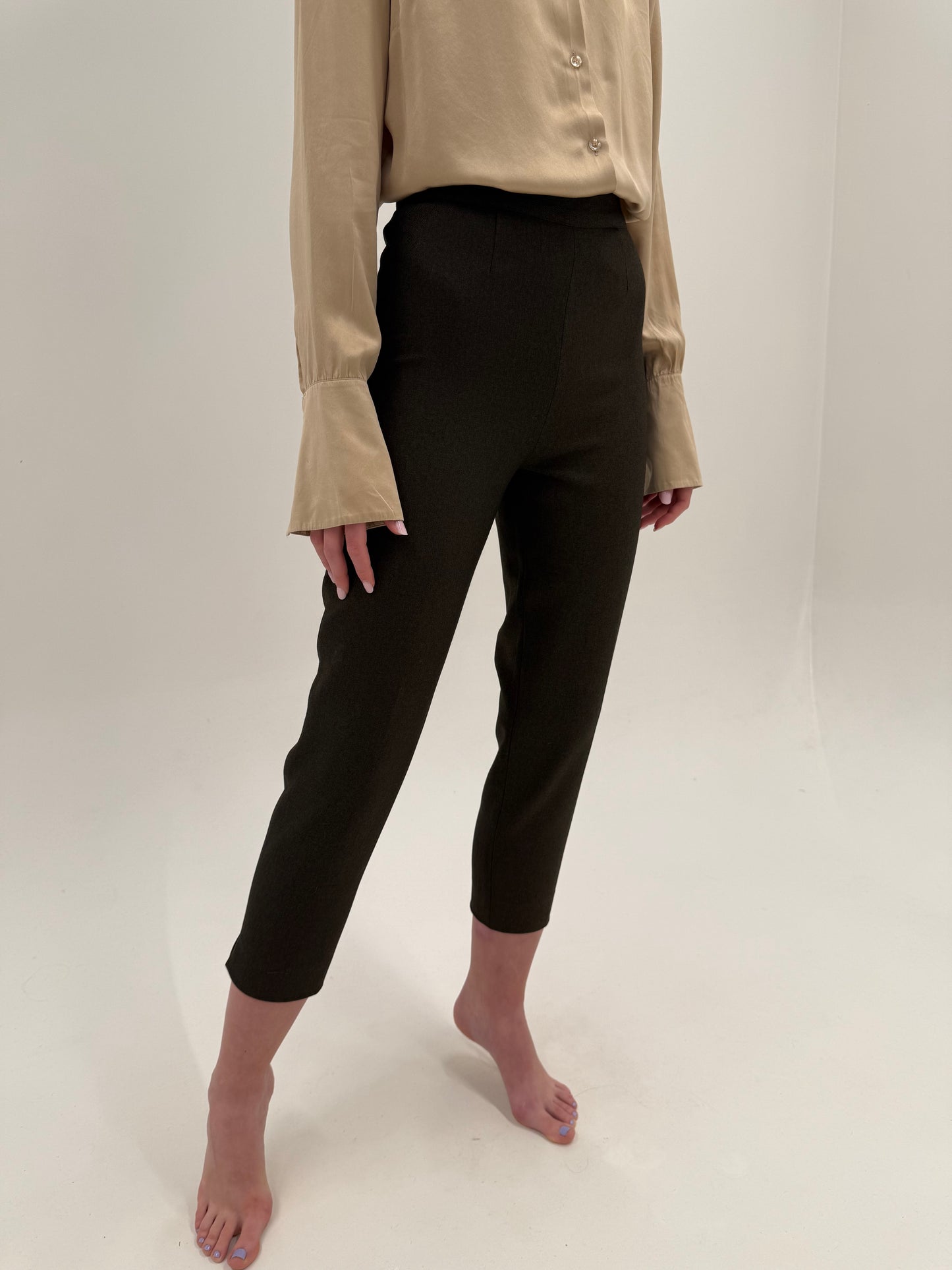 Pantaloni dark chocolate brown țigaretă cu talie ultra înaltă