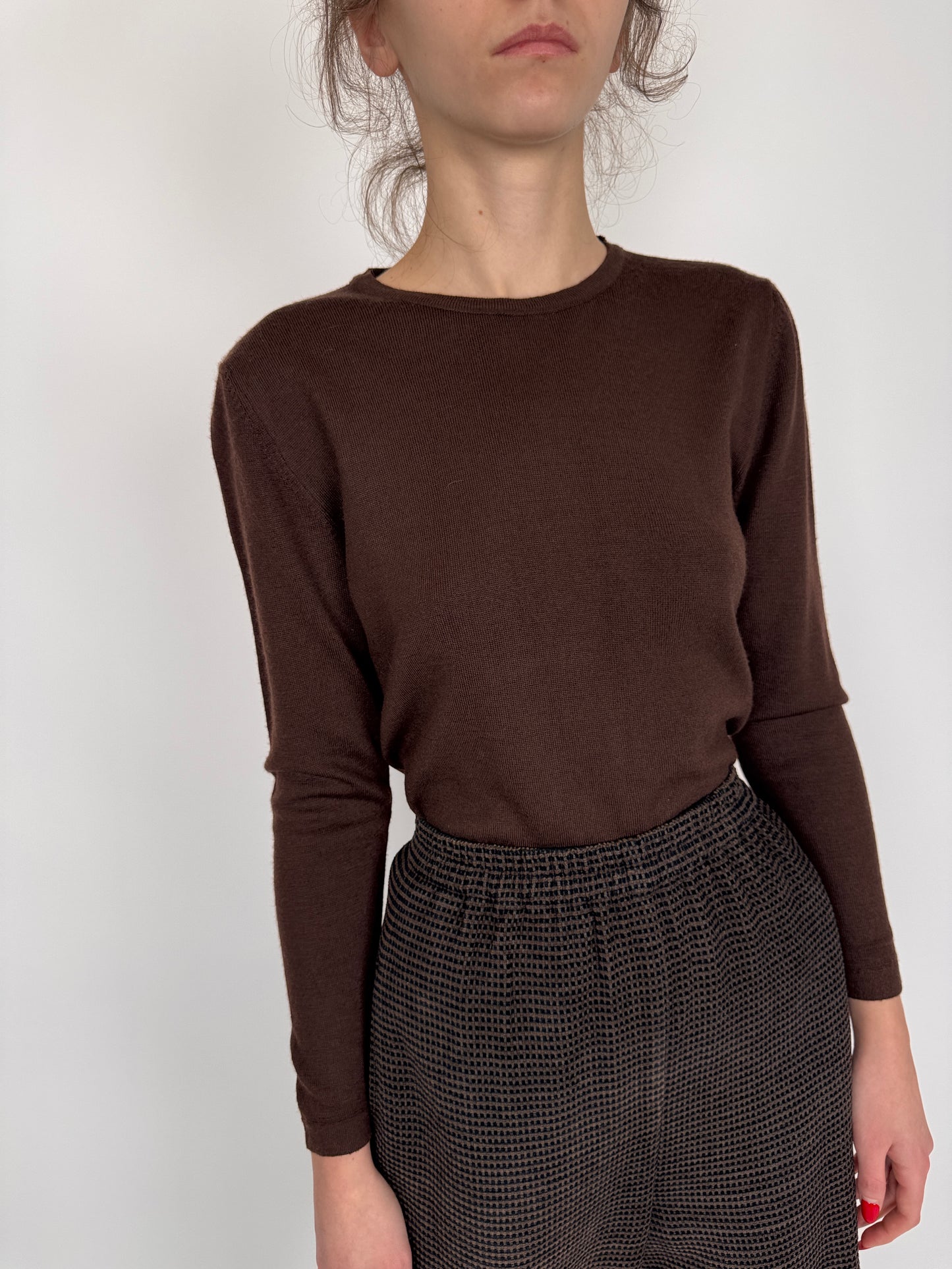 Pulover subtire italian chocolate brown din mix de lana merino extrafina
