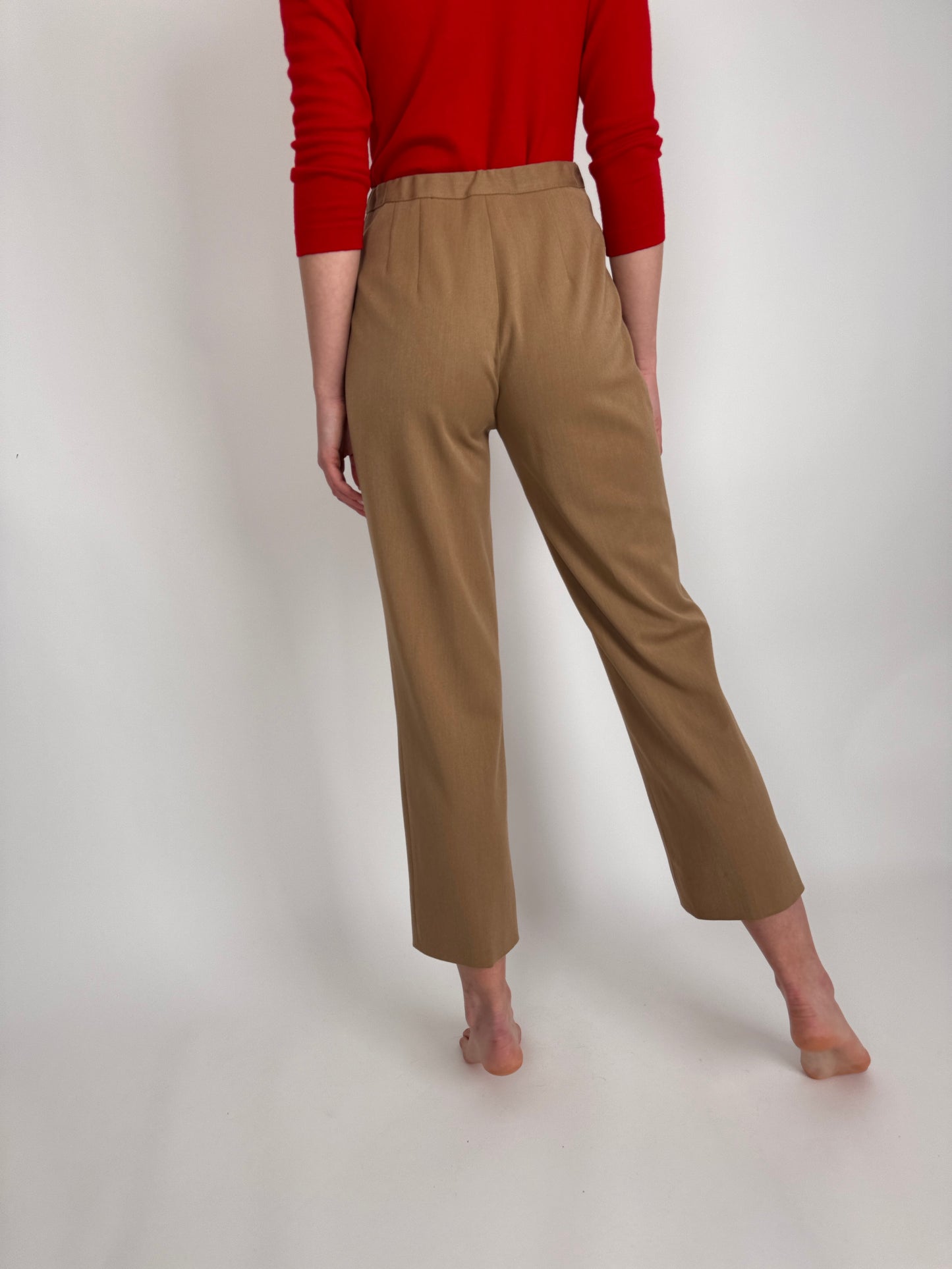 Pantaloni business camel strech cu talie înaltă