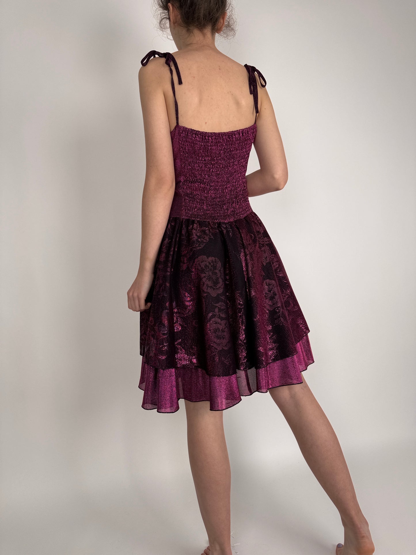 Rochie vintage din lurex fucsia cu corset și spate elastic