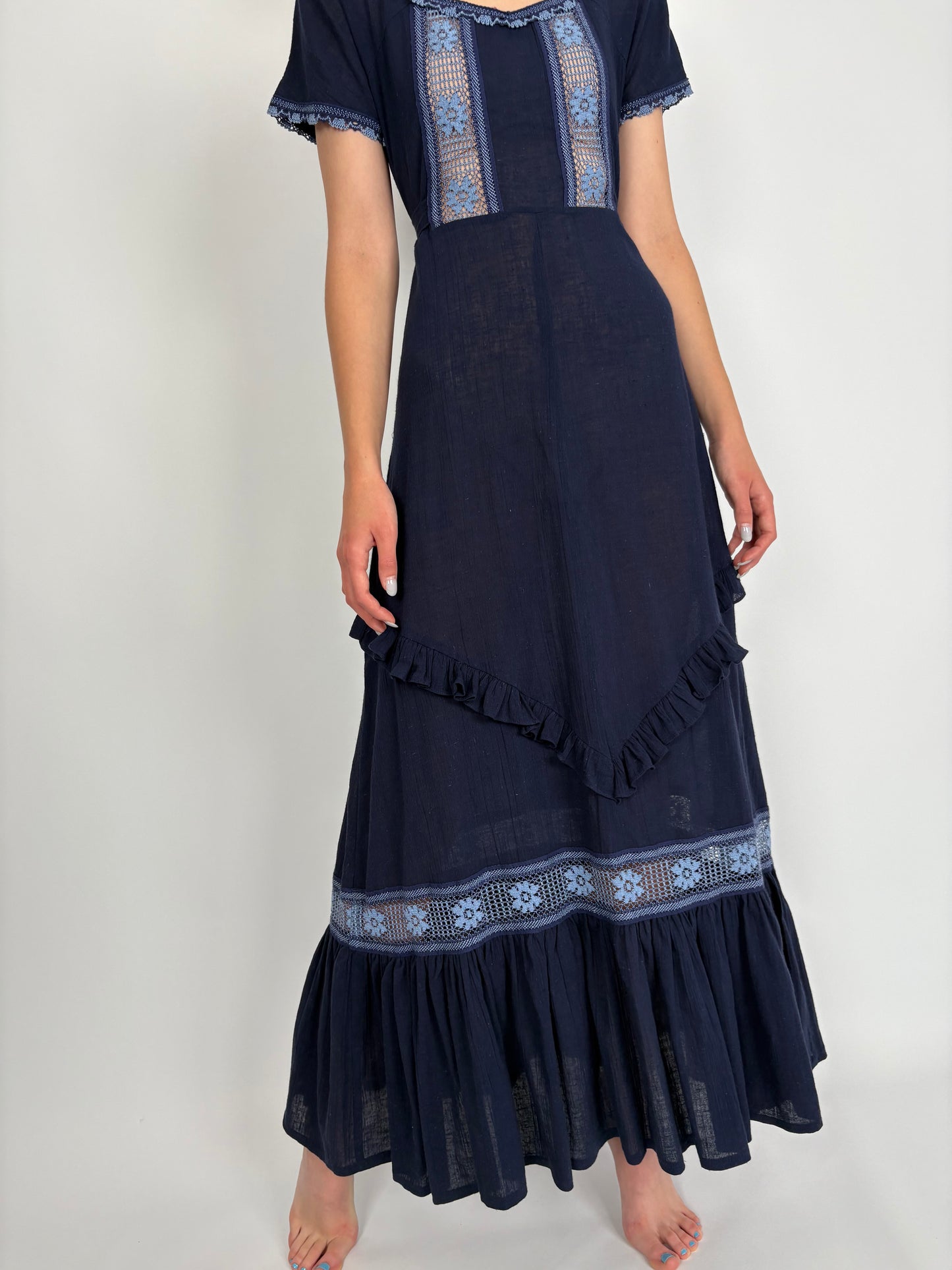 Rochie maxi vintage nouă din pânză cu dantelă macrame baby blue