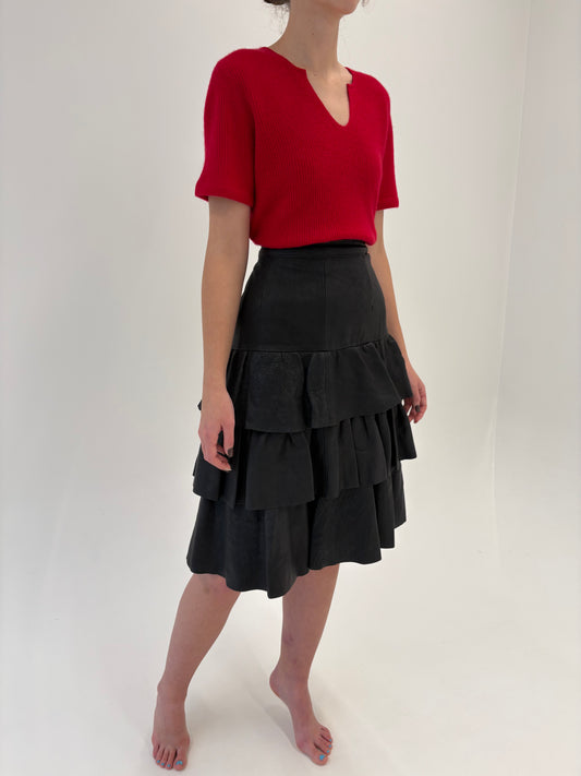 Fustă vintage din piele naturală moale cu volane și talie ultra înaltă