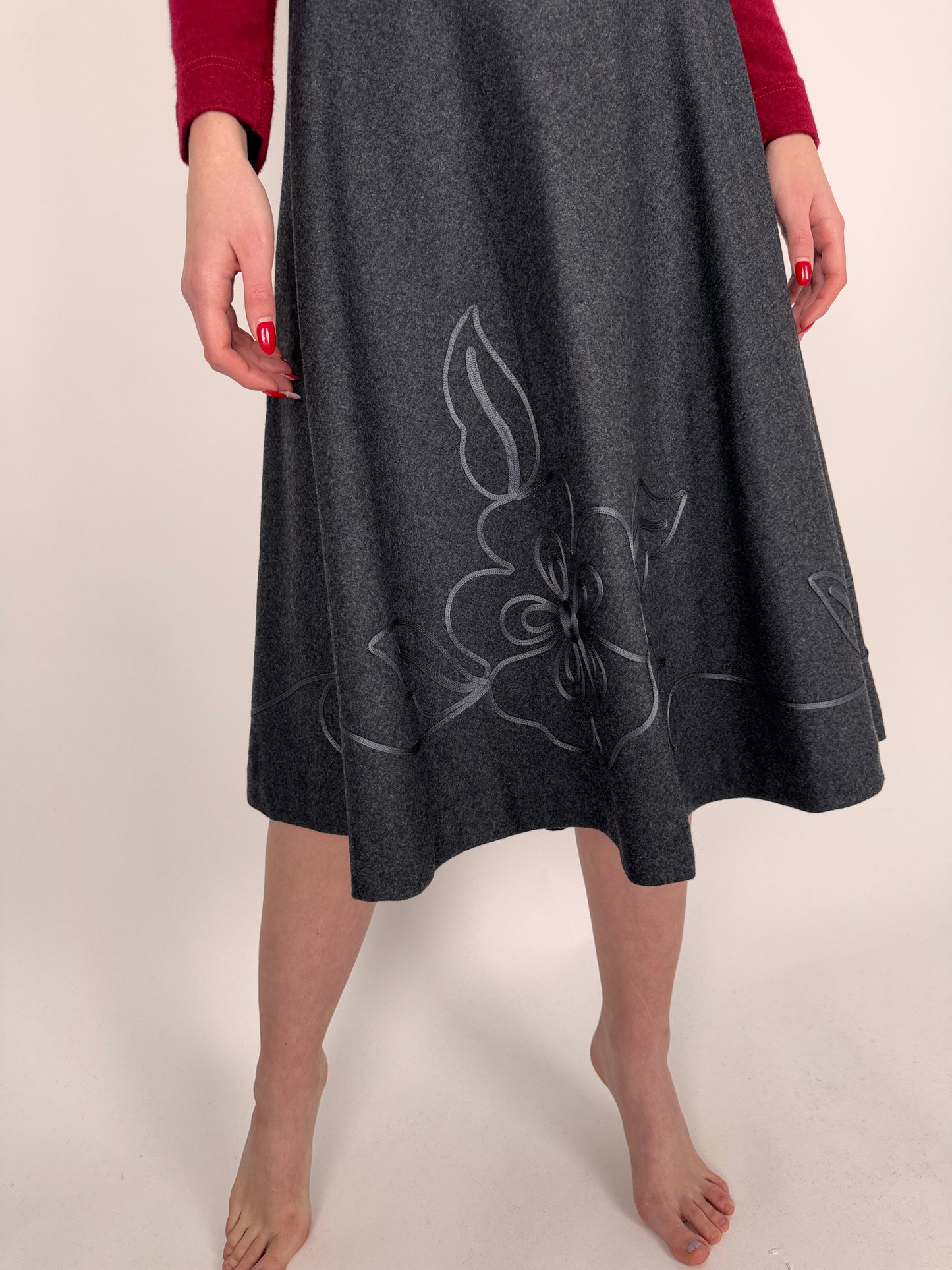 Fustă charcoal gray midi din lana pura super amplă cu talie înaltă marcată