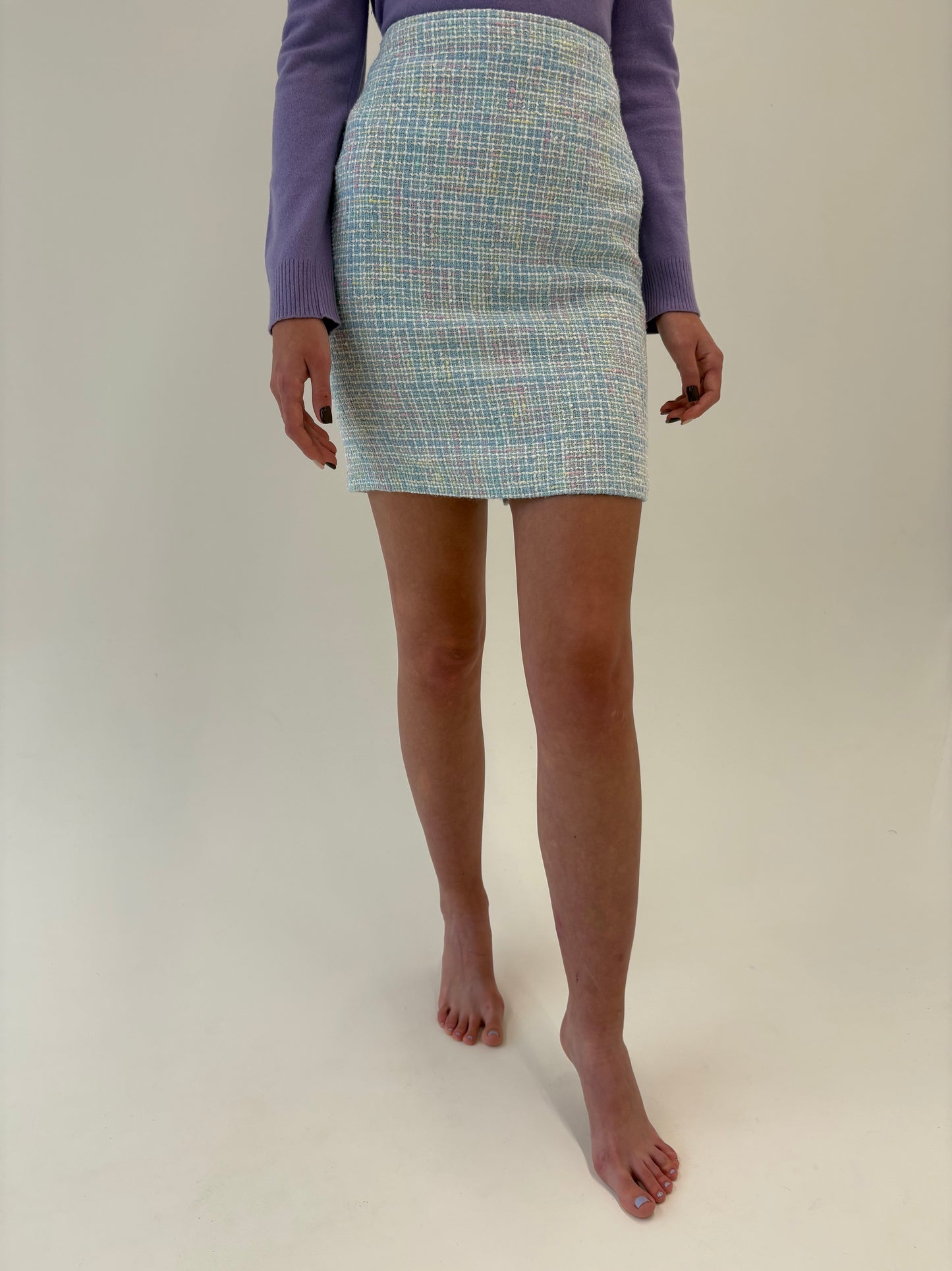 Deux piece baby blue în stil Chanel din tweed