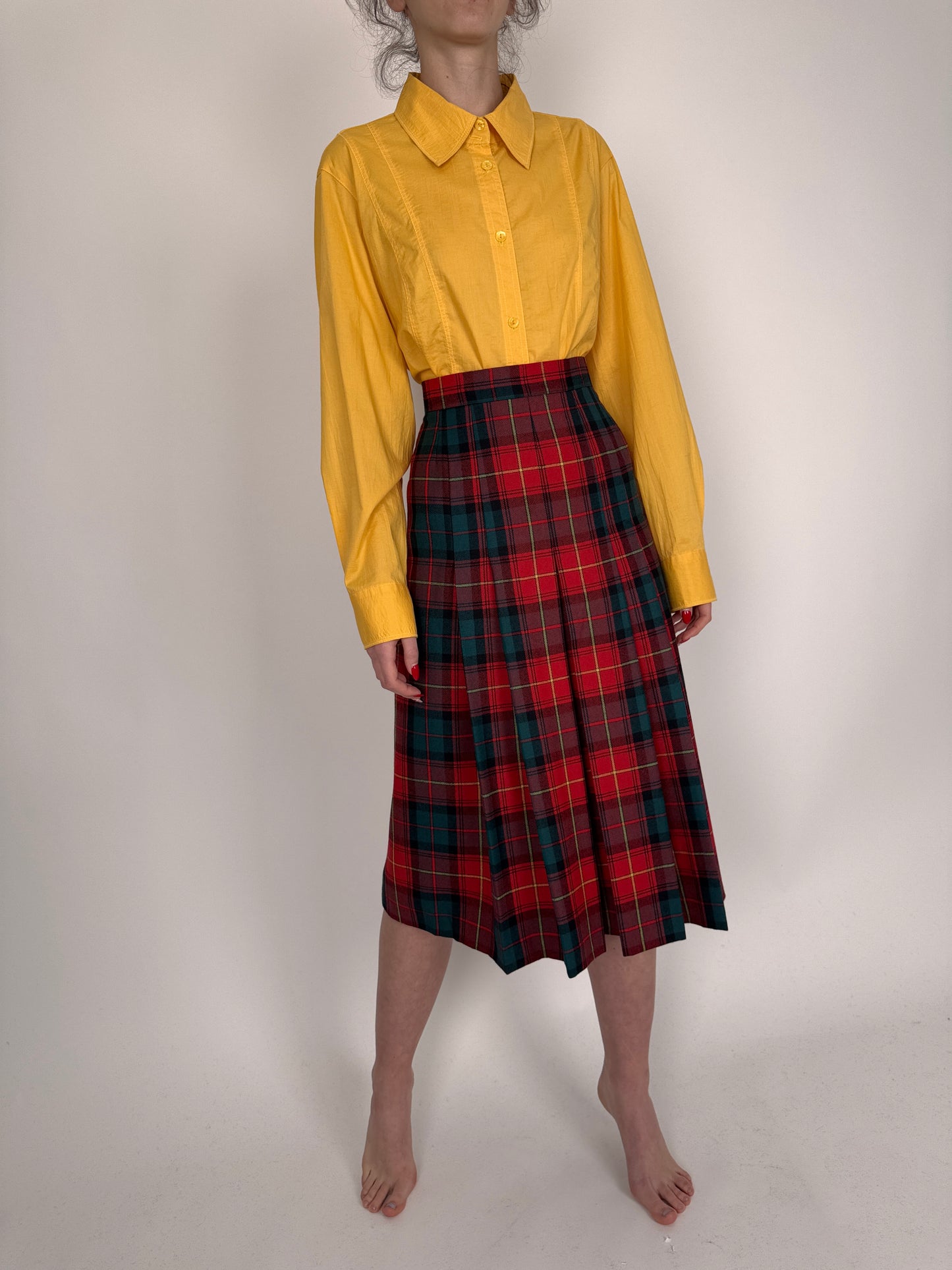 Fustă plisată cu talie înaltă marcată din Tartan excepțional de lana