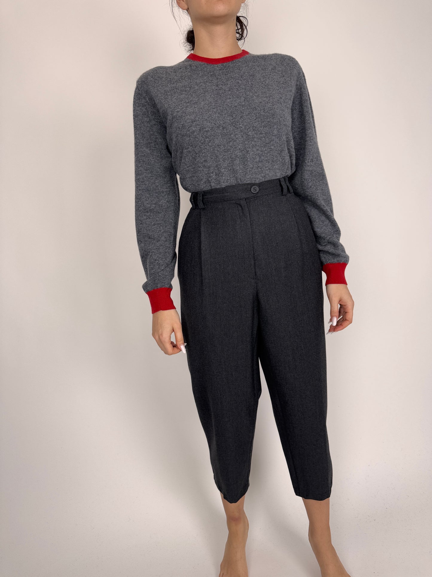 Pantaloni petite cu talie înaltă elastică charcoal gray din lana extrafina