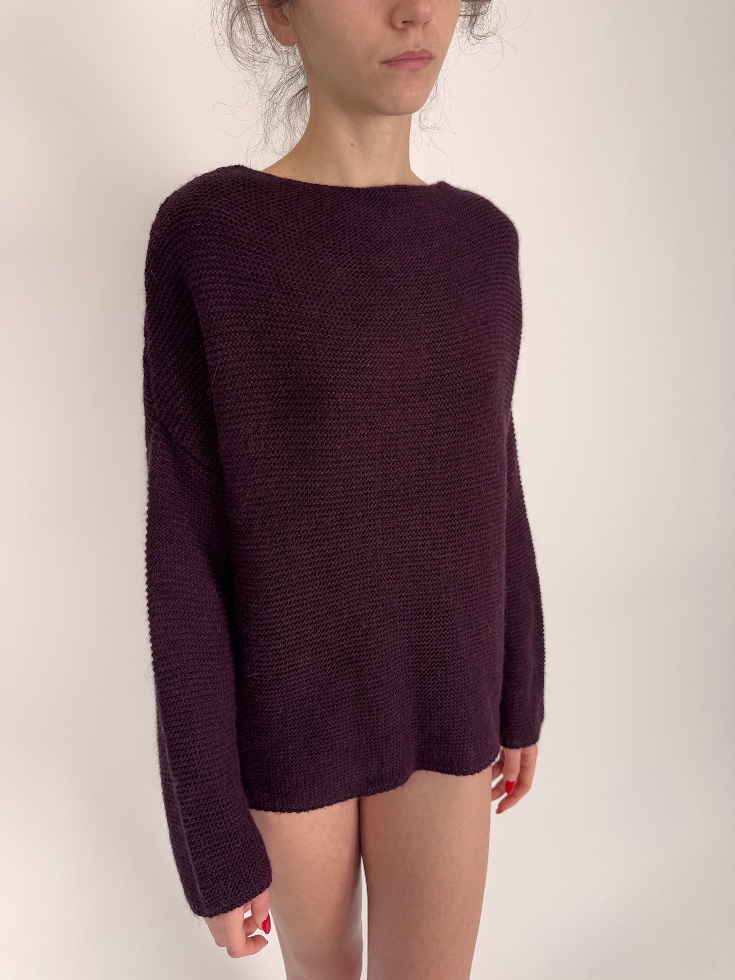 Pulover aubergine din lana extrafina texturată de gramaj mare