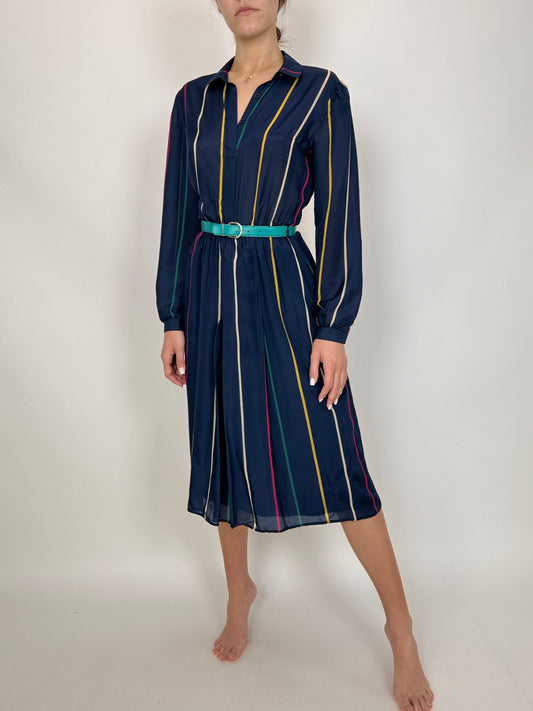 Rochie vintage cu talie elastică și dungi verticale colorate