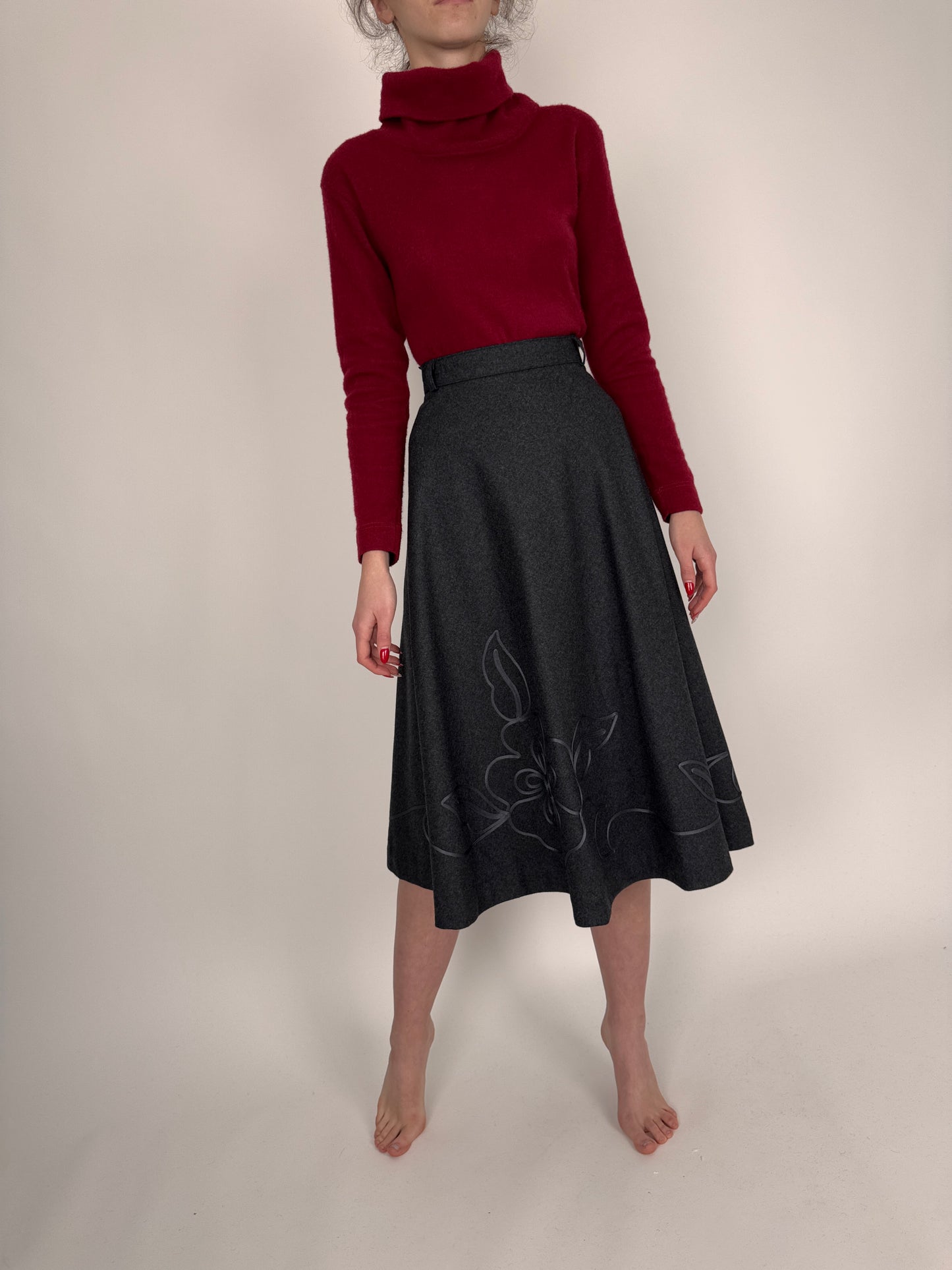 Fustă charcoal gray midi din lana pura super amplă cu talie înaltă marcată