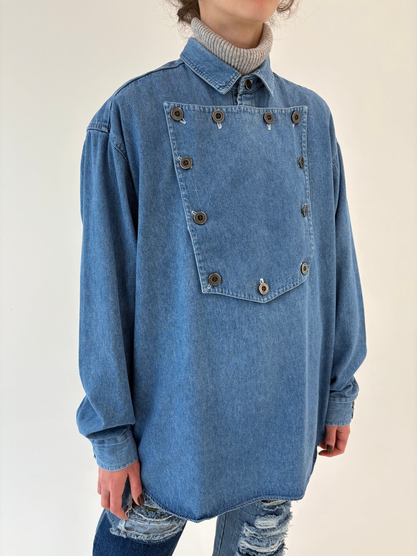 Cămașa vintage petite din jeans moale în croi deosebit