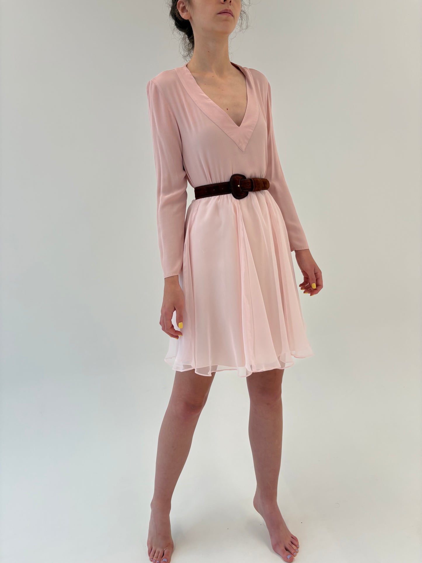 Fustă powder pink din voal cu talie ultra înaltă marcată elastică