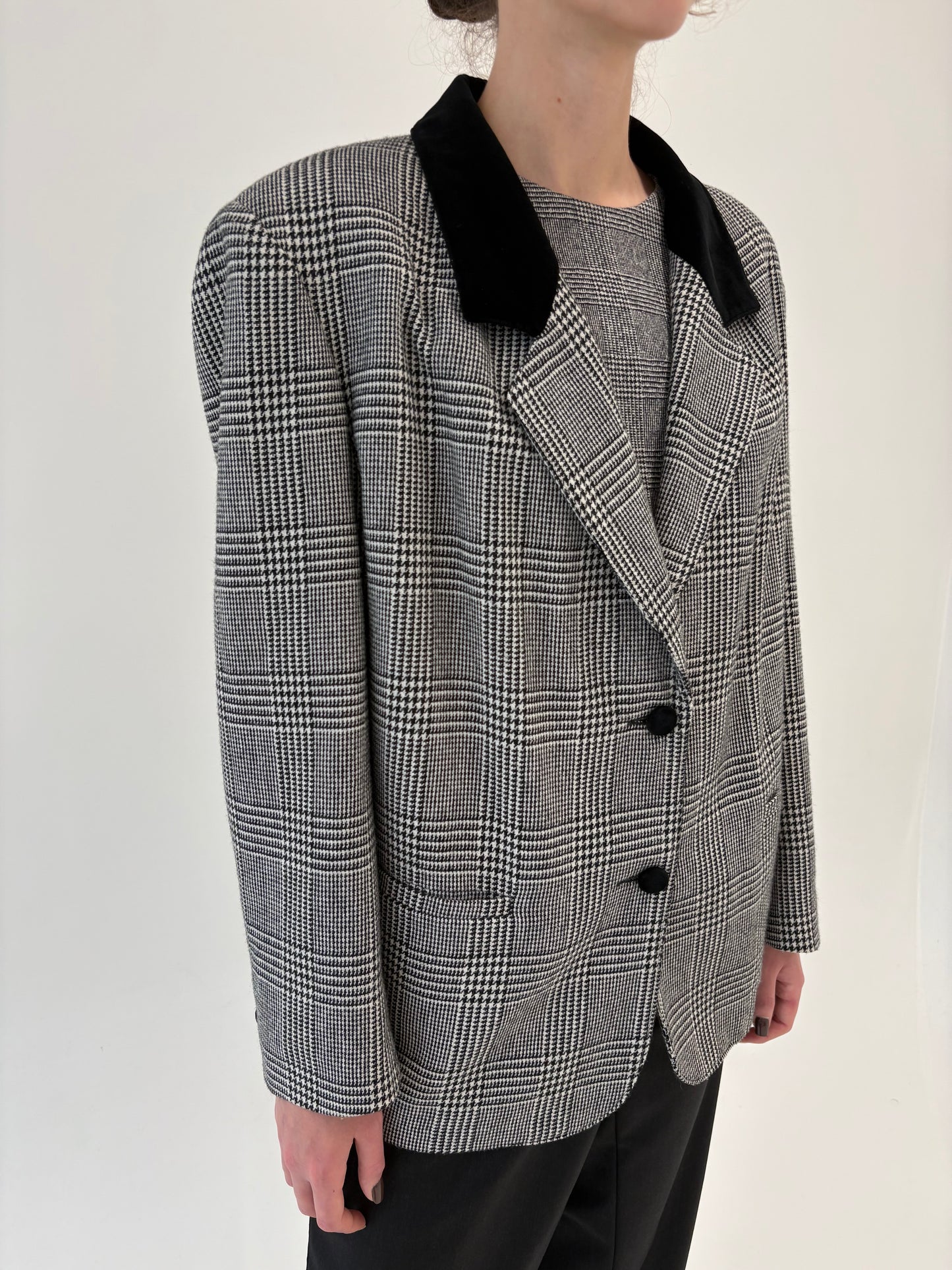 Sacou vintage pied de coq din Tartan de lana în carouri fine