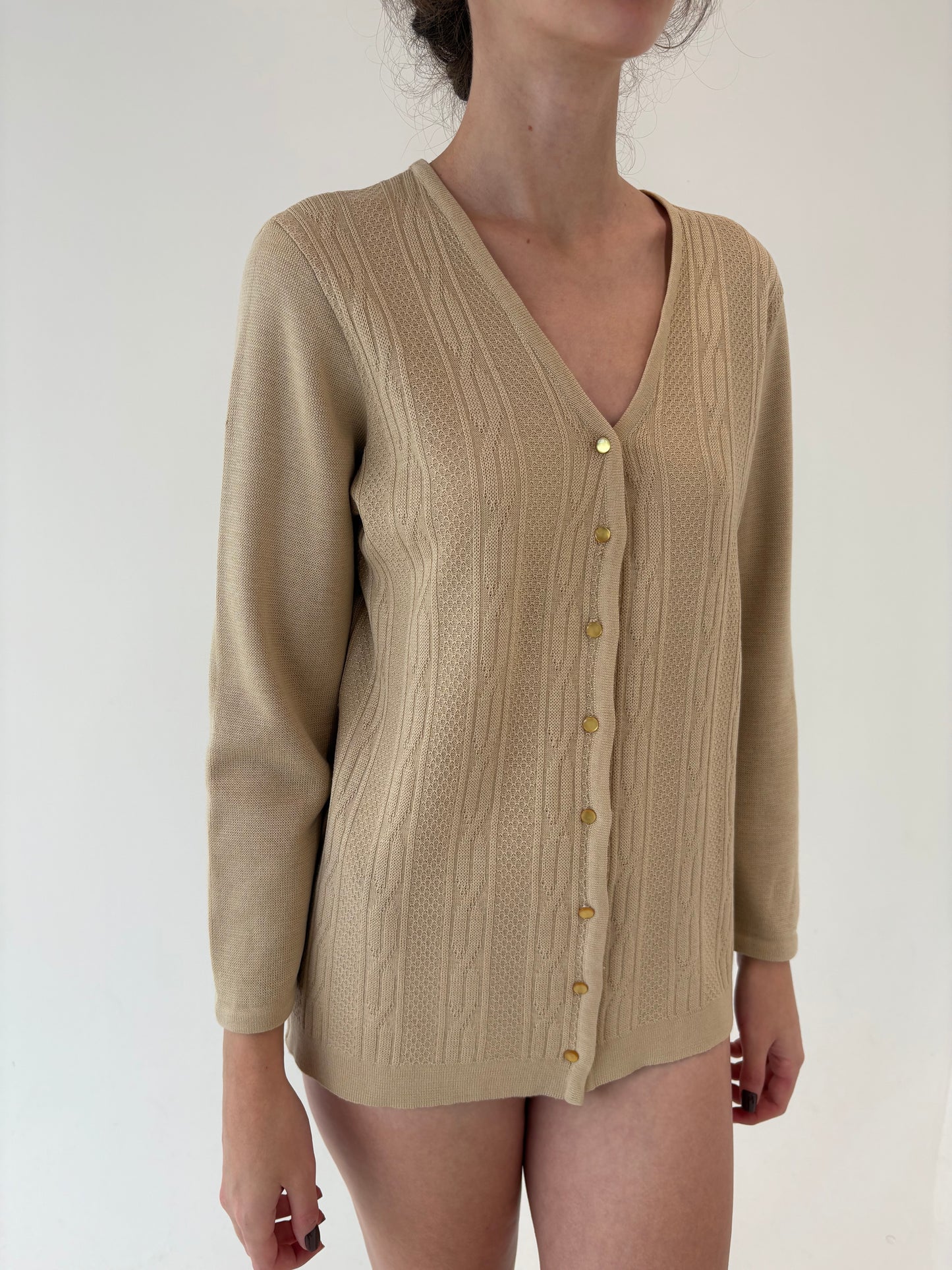 Cardigan vintage camel din lana extrafina cu torsade