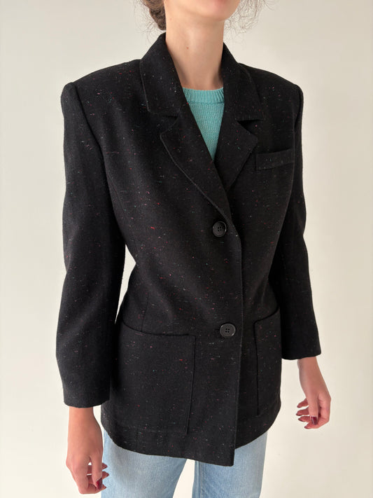 Sacou vintage negru cambrat  cu inserții fine curcubeu din lana extrafina
