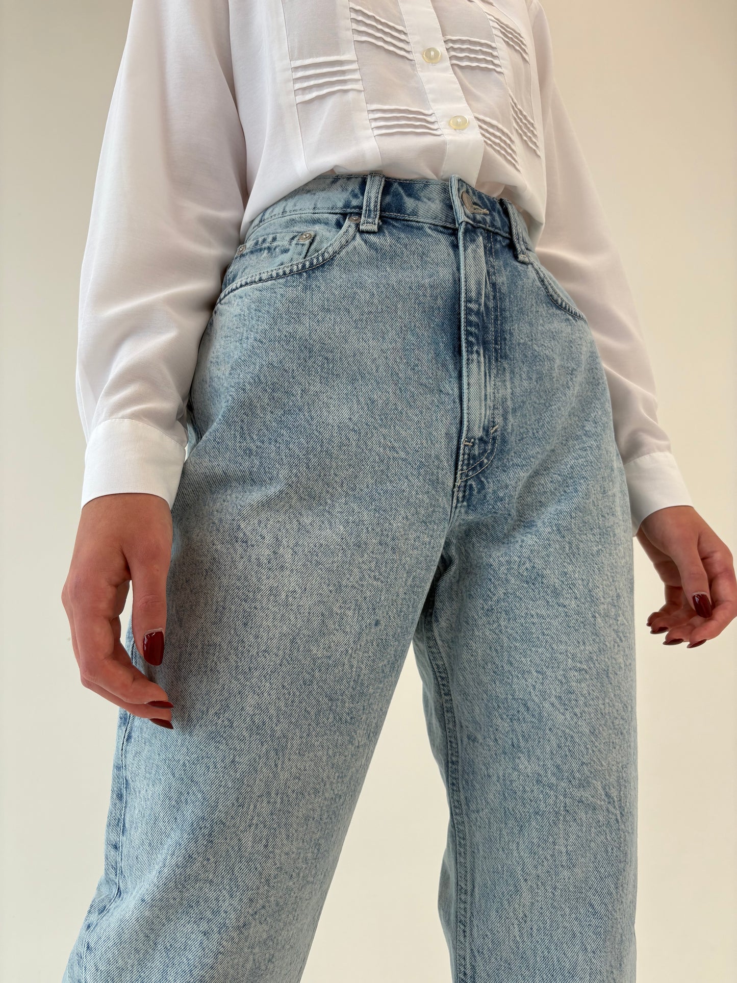 Jeans Barrel petite cu talie ultra înaltă mom fit stone wash