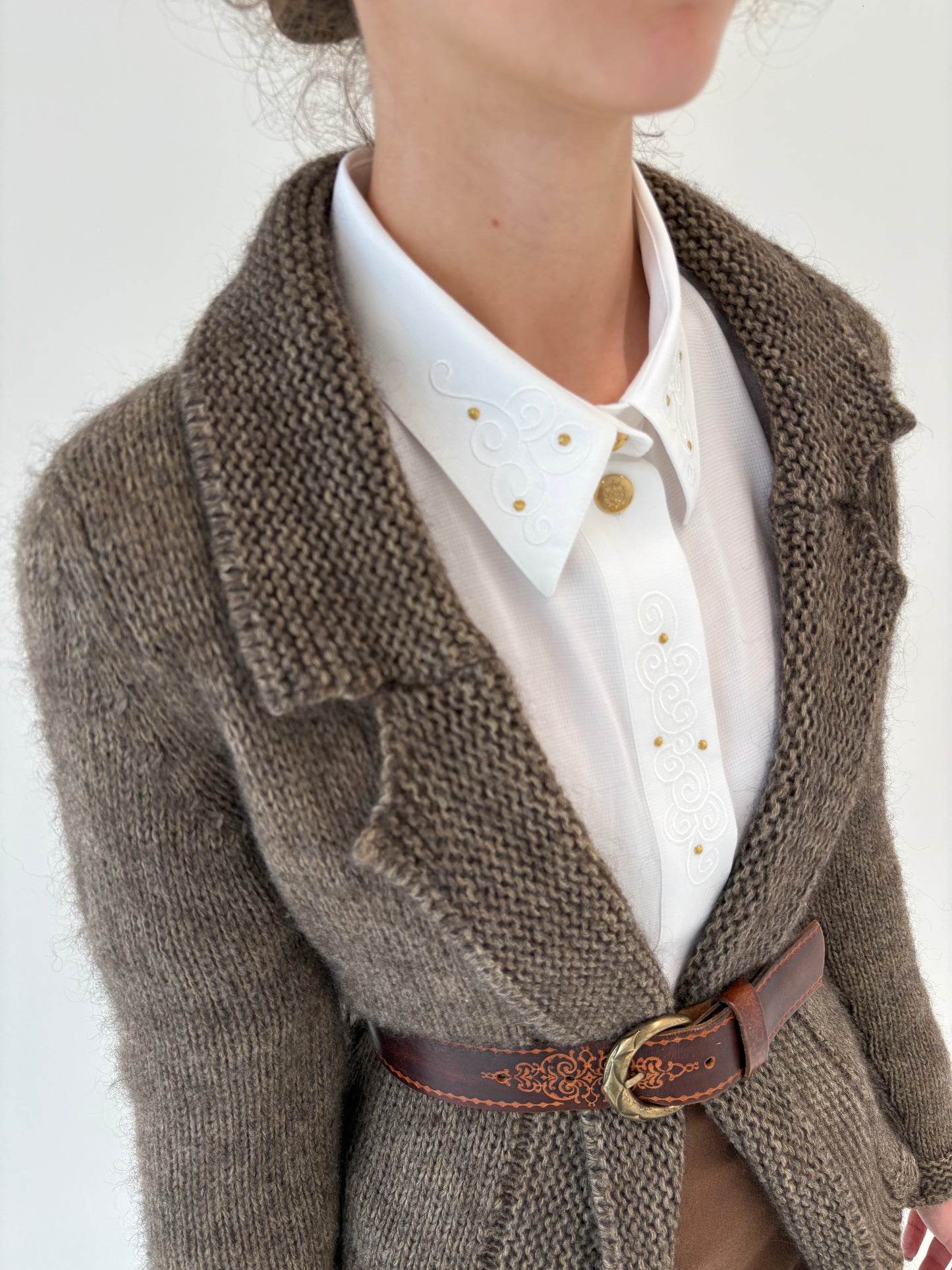 Cardigan taupe din lana excepțională multiply extrafina gros în stil sacou