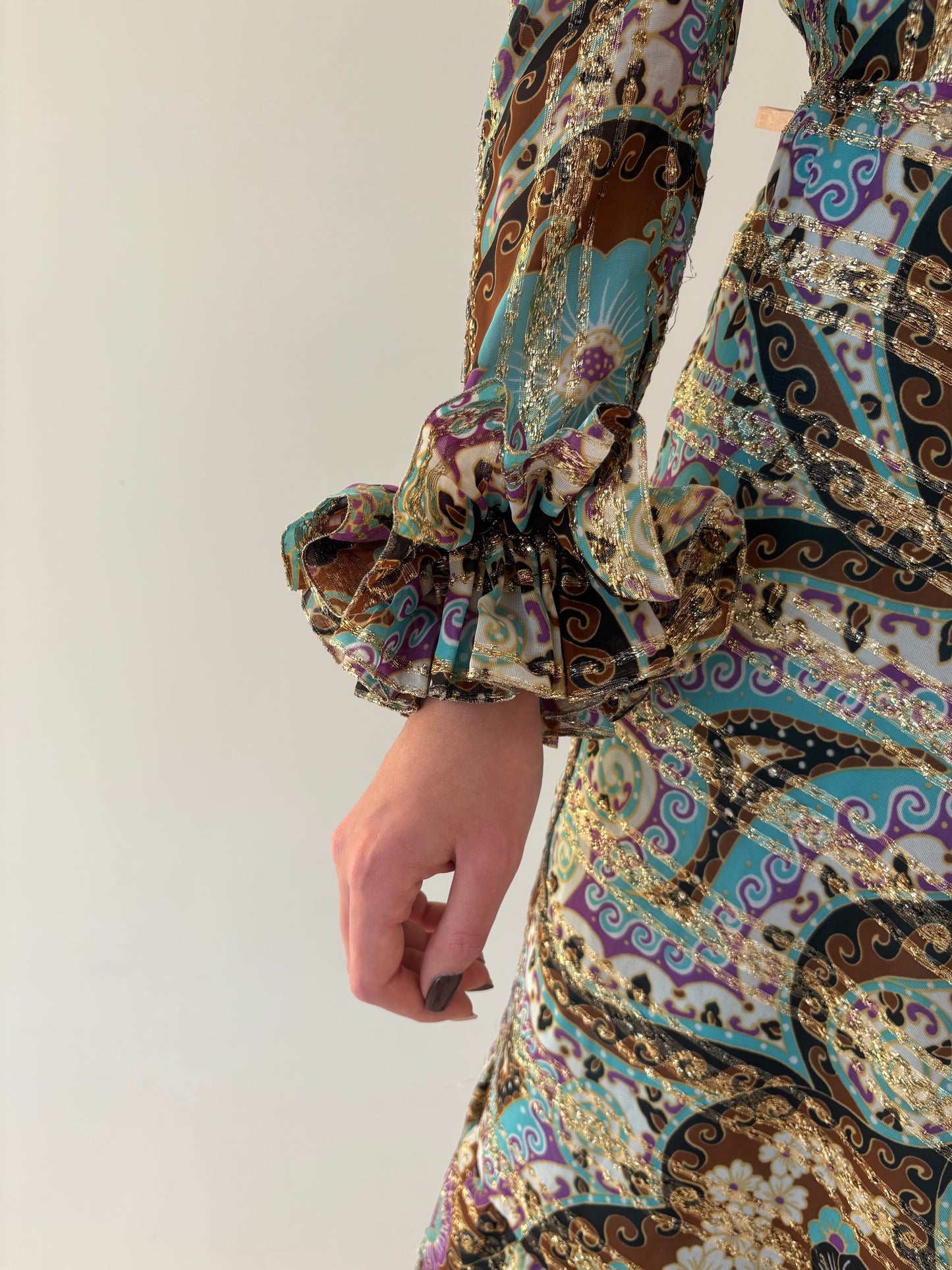 Rochie vintage maxi de seară cu print paisley și inserții fine aurii