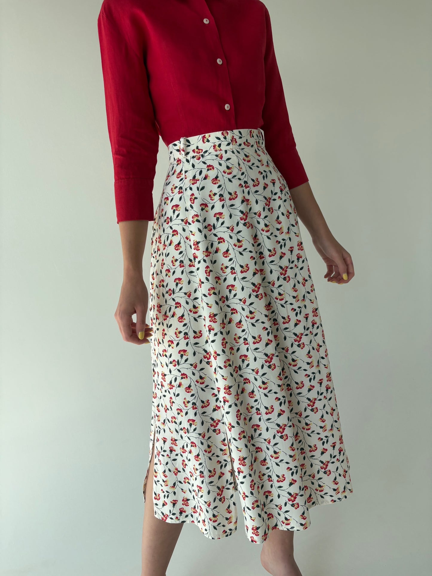 Fustă ivoire cu talie ultra înaltă și print floral delicat