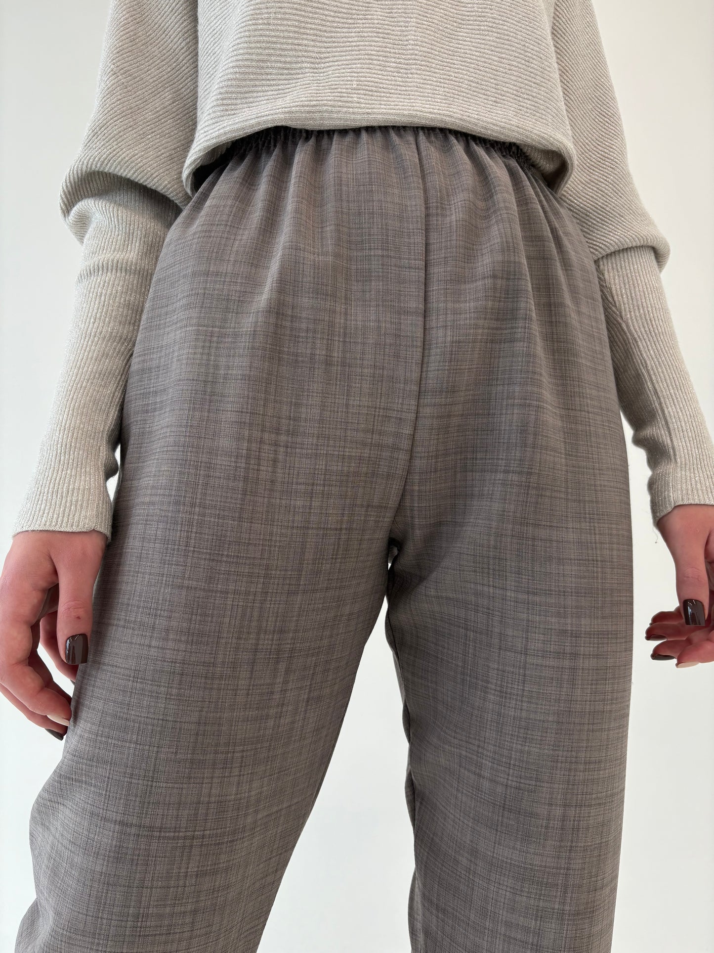 Pantaloni warm gray cu talie ultra înaltă elastică din stofita