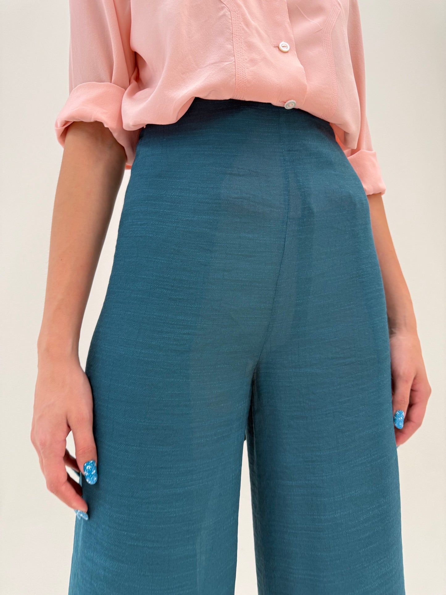 Pantaloni din pânză de mătase naturală și bumbac reglabili dark aqua green
